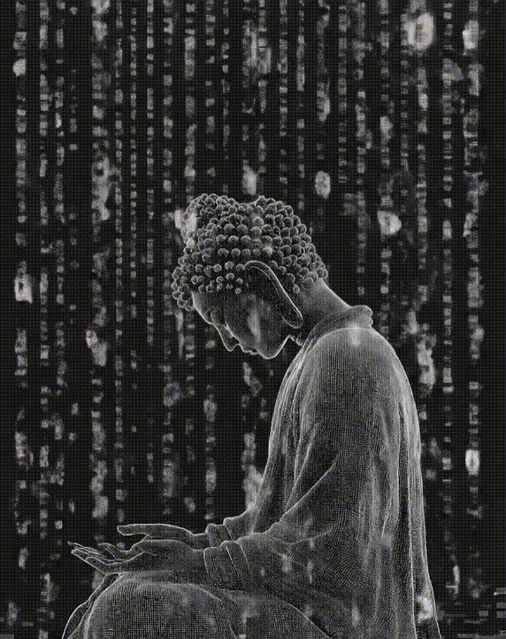 Meditative figure with scanning animation representing wisdom and technological insight